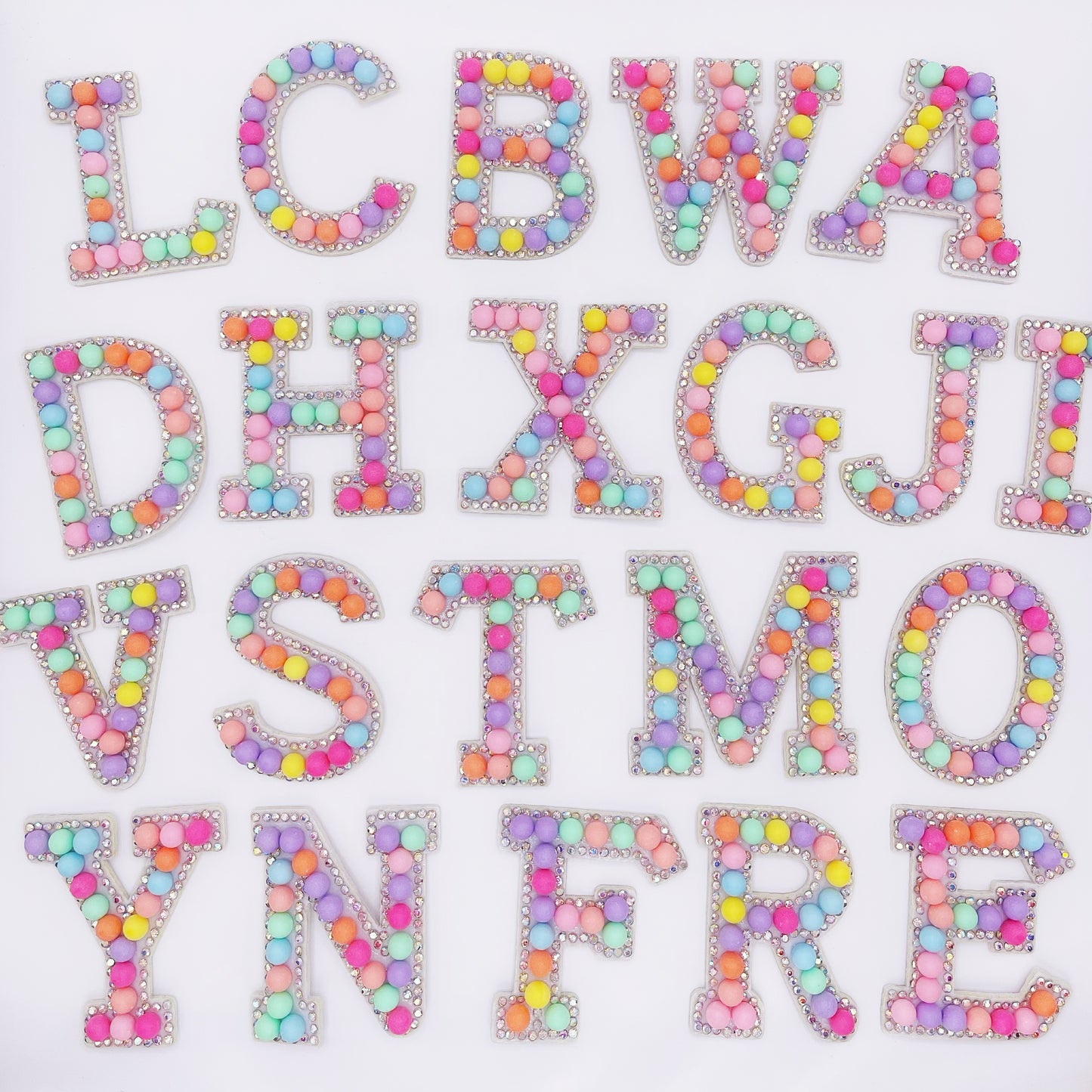 Iron on Candy Alphabet Rhinestone Letters with and AB Rhinestone white background, Iron On