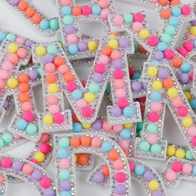 Iron on Candy Alphabet Rhinestone Letters with and AB Rhinestone white background, Iron On