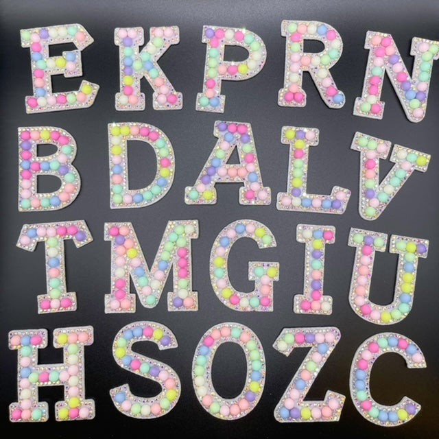 Iron on Candy Macaroon Alphabet Rhinestone Letters with and AB Rhinestone white background, Iron On