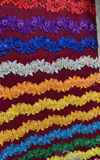 13 colors of Beaded embroidered Trim in by yards.