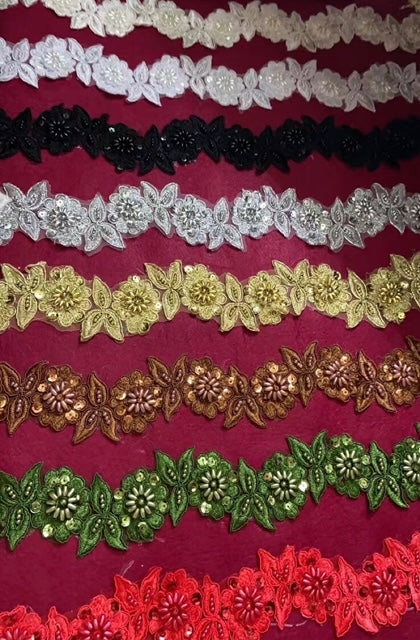 13 colors of Beaded embroidered Trim in by yards.