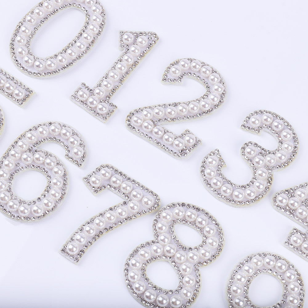 Iron on Rhinestone Pearl Letters with and AB Rhinestone white background, Iron On