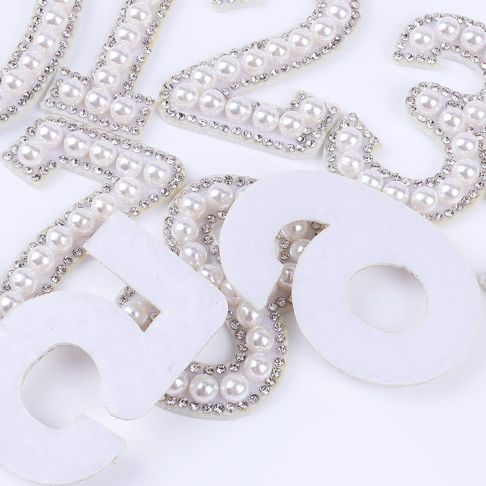 Iron on Rhinestone Pearl Letters with and AB Rhinestone white background, Iron On