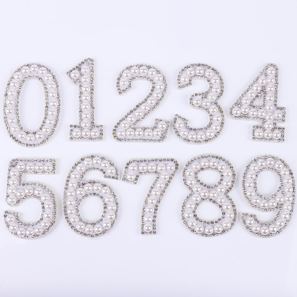 Iron on Rhinestone Pearl Letters with and AB Rhinestone white background, Iron On
