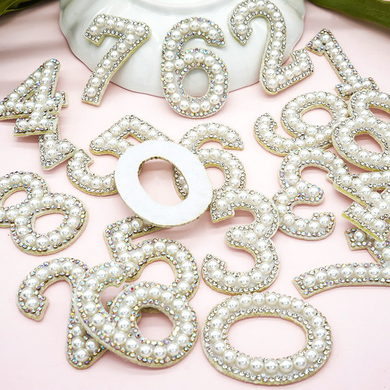 Iron on Rhinestone Pearl Letters with and AB Rhinestone white background, Iron On