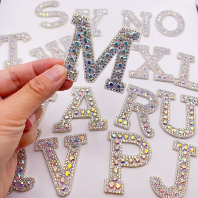 Iron on Alphabet Rhinestone Letters with and AB Rhinestone white background, Iron On