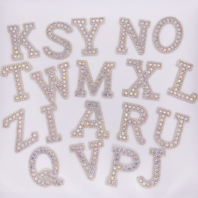 Iron on Alphabet Rhinestone Letters with and AB Rhinestone white background, Iron On