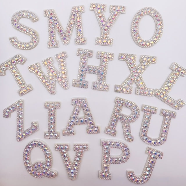 Iron on Alphabet Rhinestone Letters with and AB Rhinestone white background, Iron On