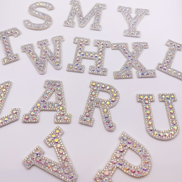 Iron on Alphabet Rhinestone Letters with and AB Rhinestone white background, Iron On