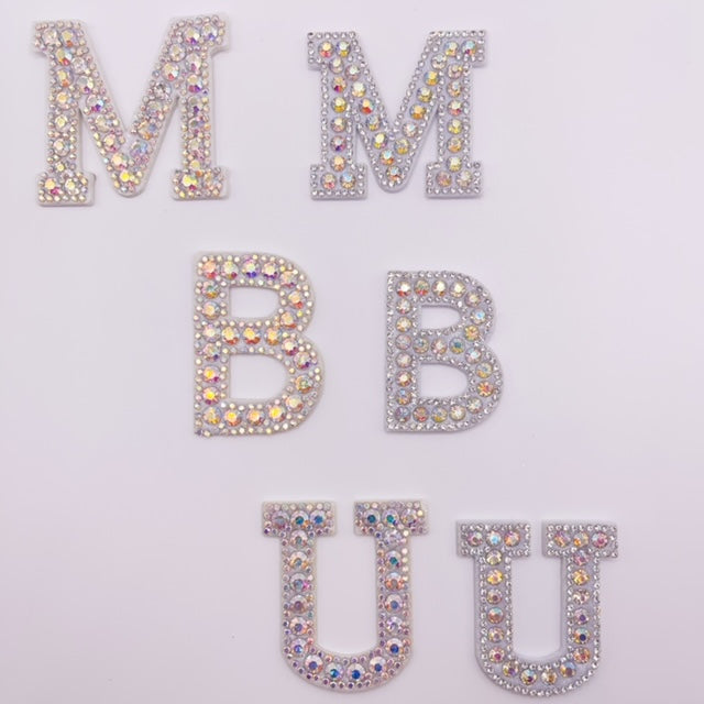 Iron on Alphabet Rhinestone Letters with and AB Rhinestone white background, Iron On