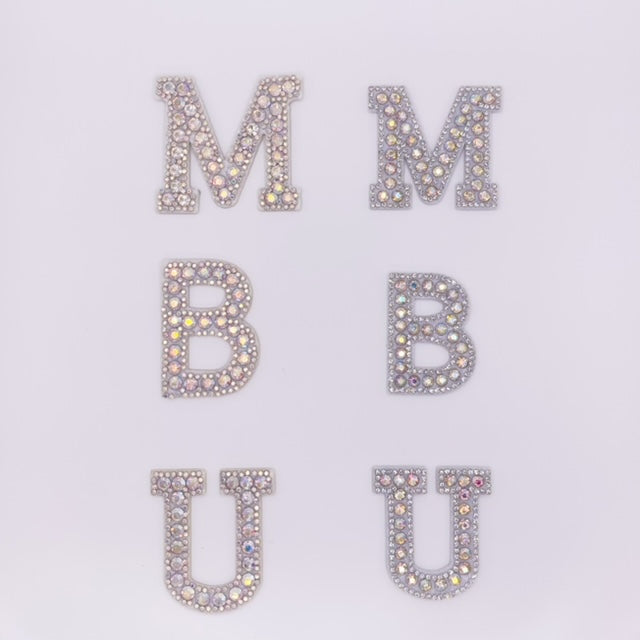 Iron on Alphabet Rhinestone Letters with and AB Rhinestone white background, Iron On