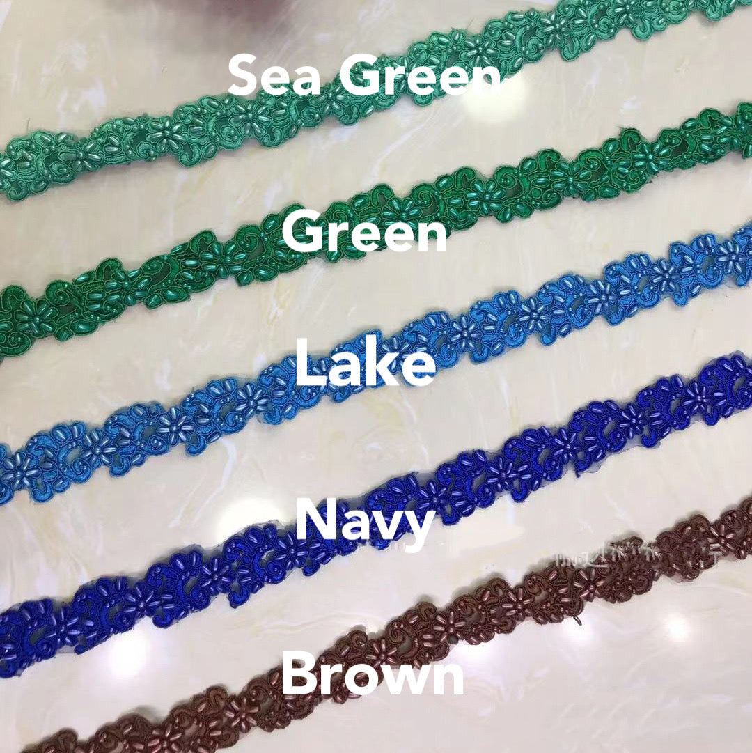 13 colors of Beaded embroidered Trim in by yards.