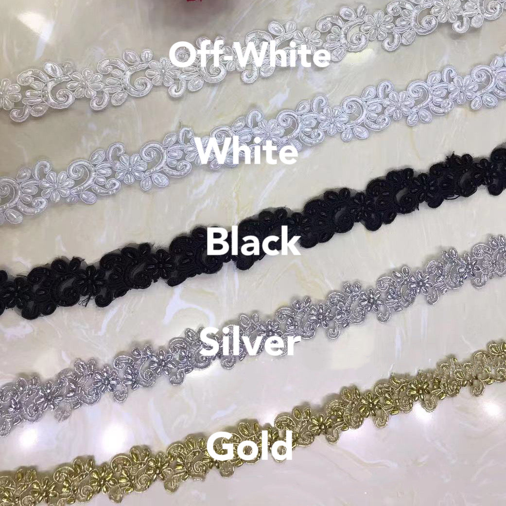 13 colors of Beaded embroidered Trim in by yards.