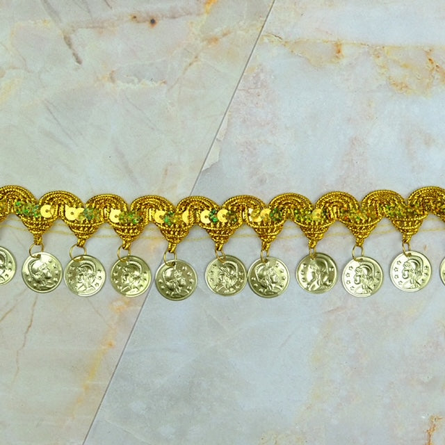 Dangling spartan coin and bell ring trim by yard