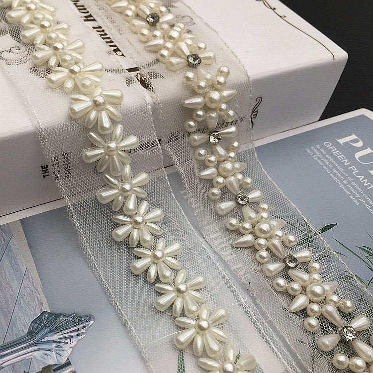 Pearl Trim on mesh by yards, perfect for DIY, sewing and crafting project, immediate shipping from USA