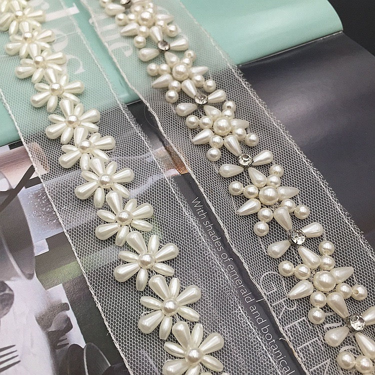 Pearl Trim on mesh by yards, perfect for DIY, sewing and crafting project, immediate shipping from USA