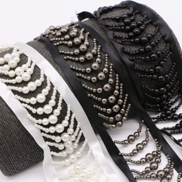 White Black Dangling faux Pearl String trim on lace edge by yards, perfect for DIY, sewing and crafting project, immediate shipping from USA