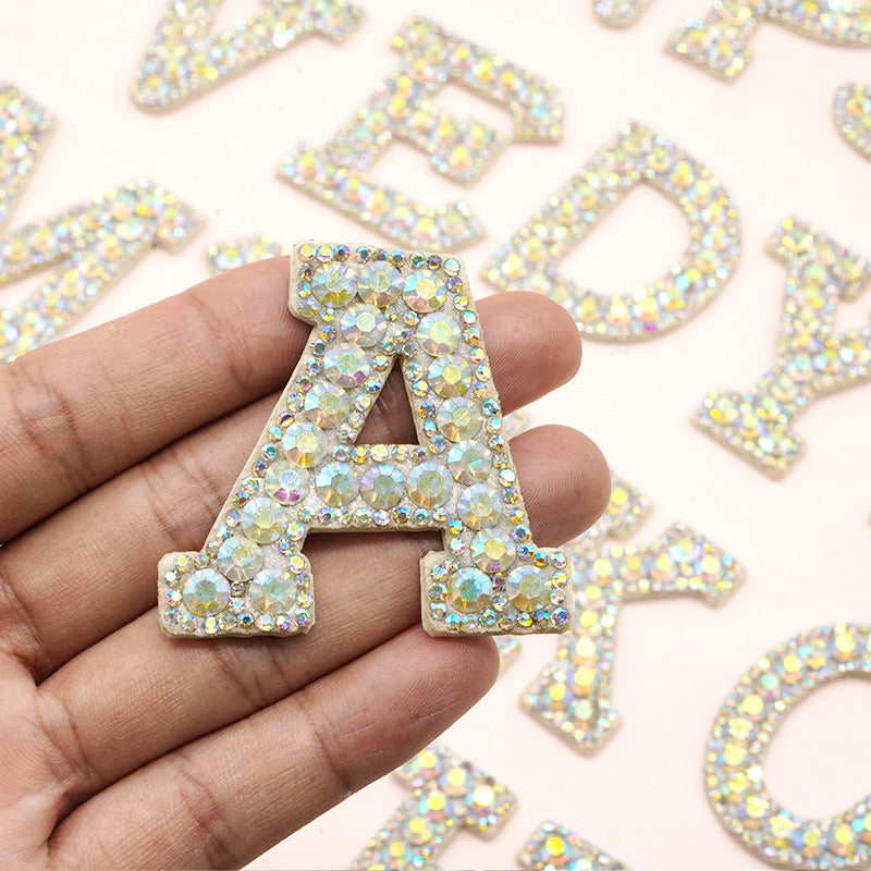 Iron on small Alphabet Rhinestone Letters with and AB Rhinestone white background, Iron On