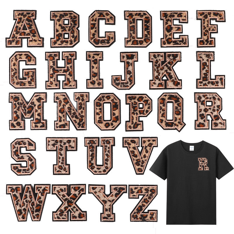 Irone on glue on Leopard Print Chenille letter patches for clothing, embroidery Varsity Letter for Pouch Bag DIY projects