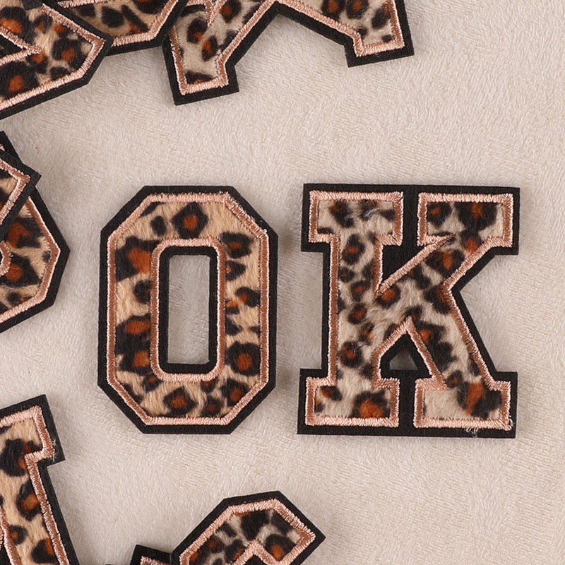 Irone on glue on Leopard Print Chenille letter patches for clothing, embroidery Varsity Letter for Pouch Bag DIY projects