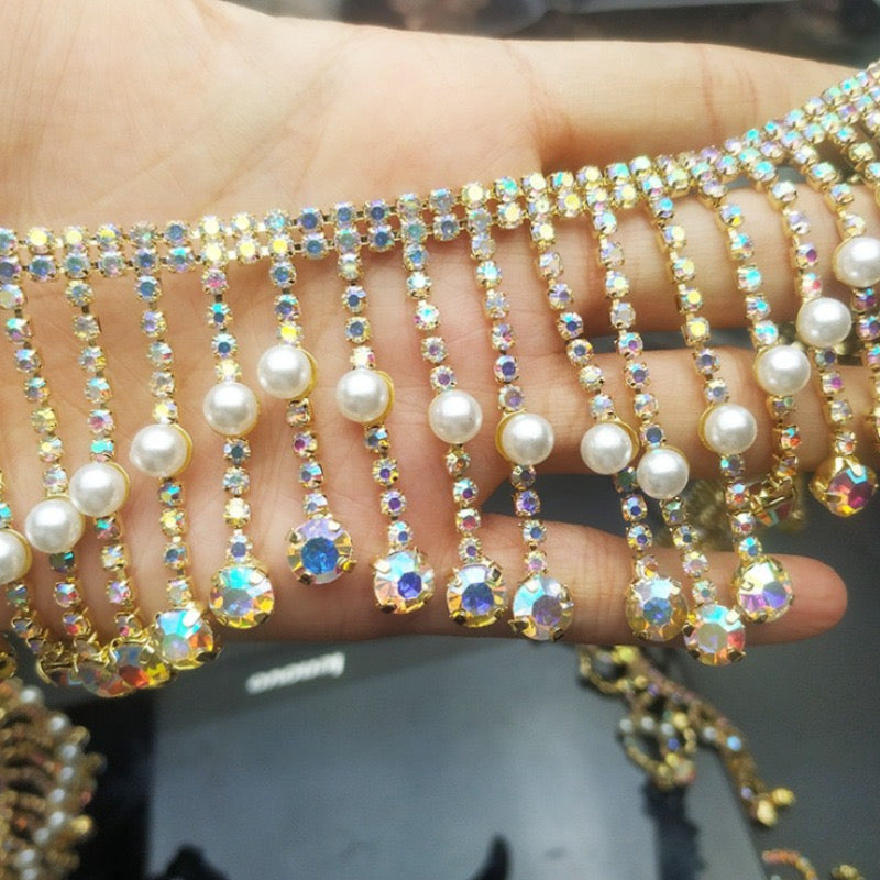 Dangling Gold Rhinestone trim with pearl by yard, Rhinestone trim