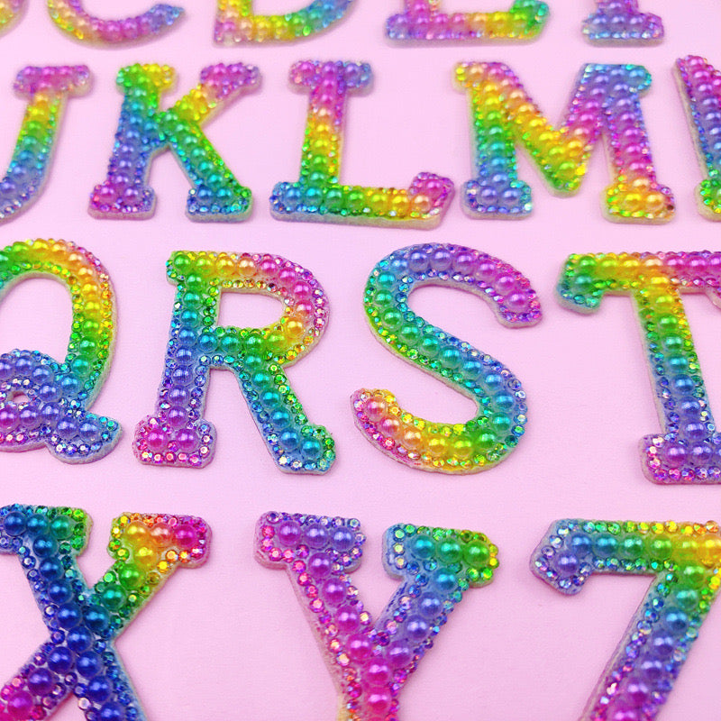 Rainbow Pearl Alphabet Rhinestone Letters with Iron On glue