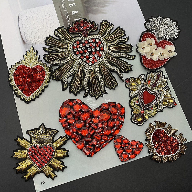 Large Sew on beaded Heart and Crown Rhinestone Patches, for DIY, sewing project