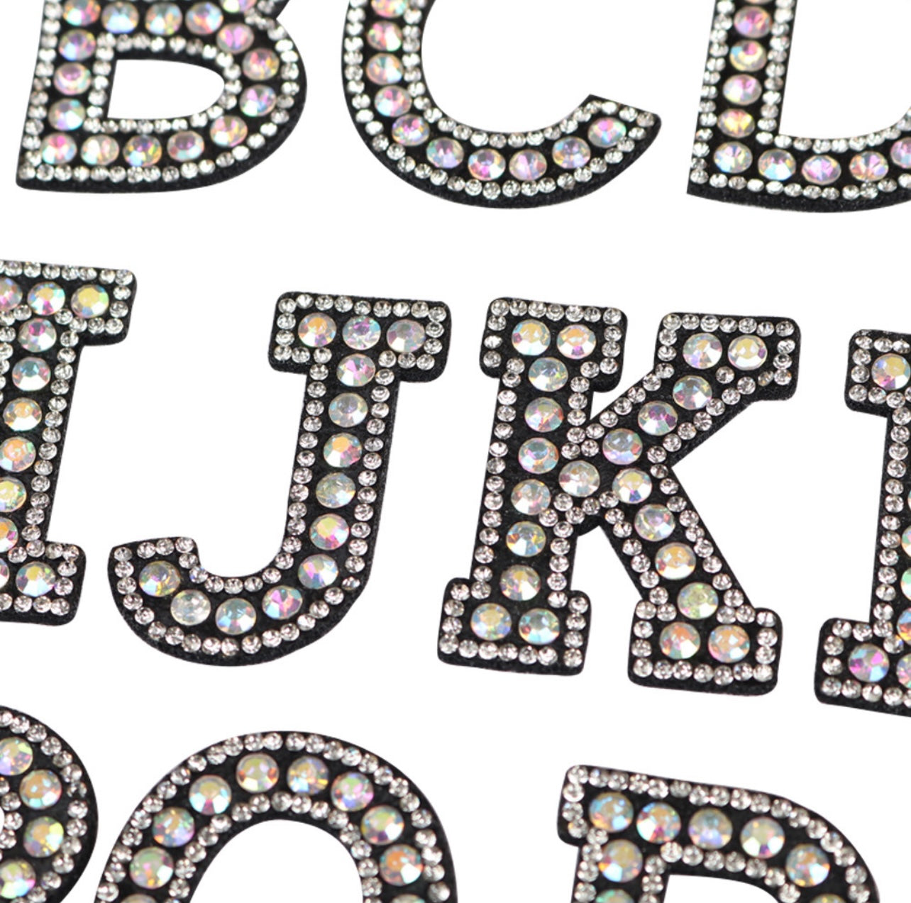 Alphabet Rhinestone Letters with and AB Rhinestone and Black background, Iron On