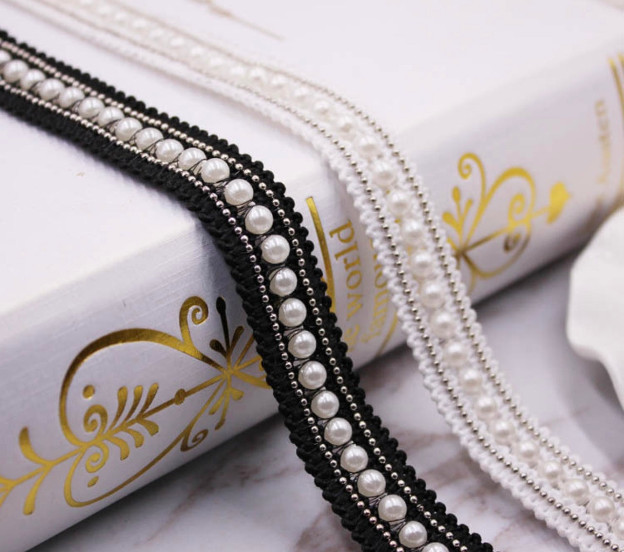 Black and White Pearl beaded trim by yards
