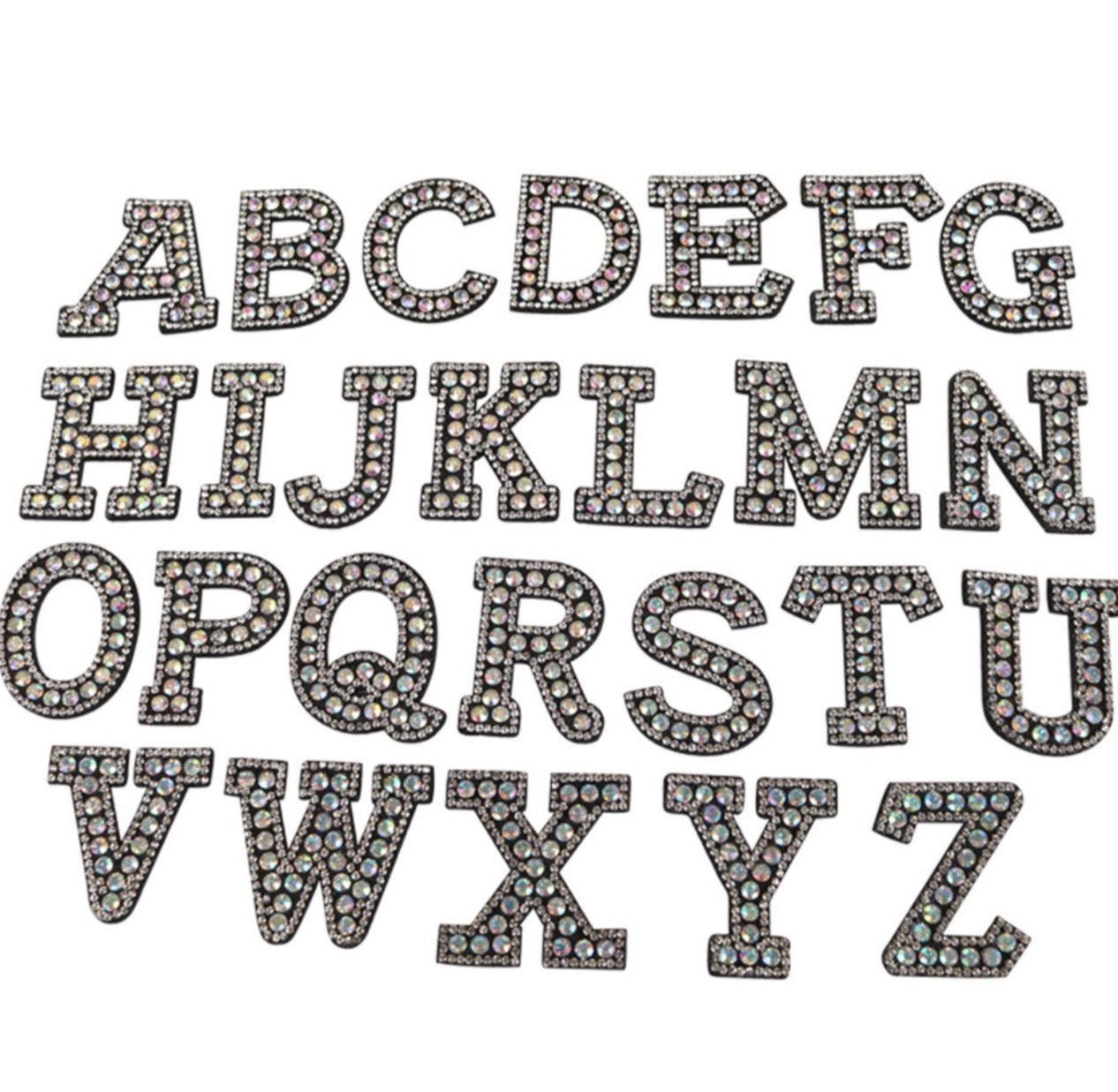 Alphabet Rhinestone Letters with and AB Rhinestone and Black background, Iron On