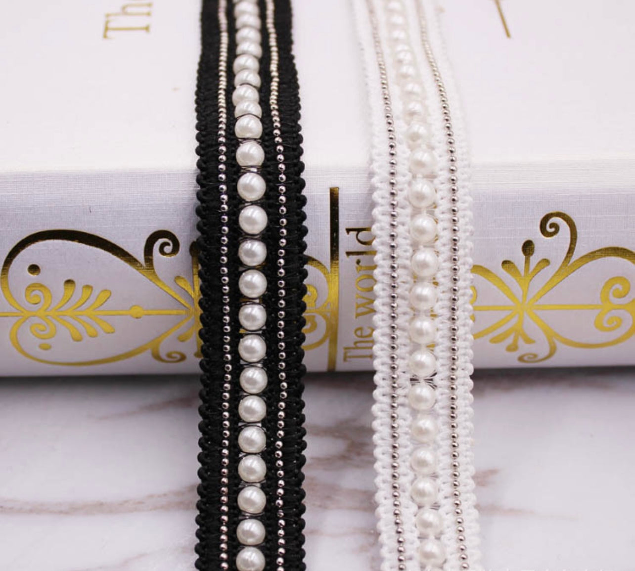 Black and White Pearl beaded trim by yards