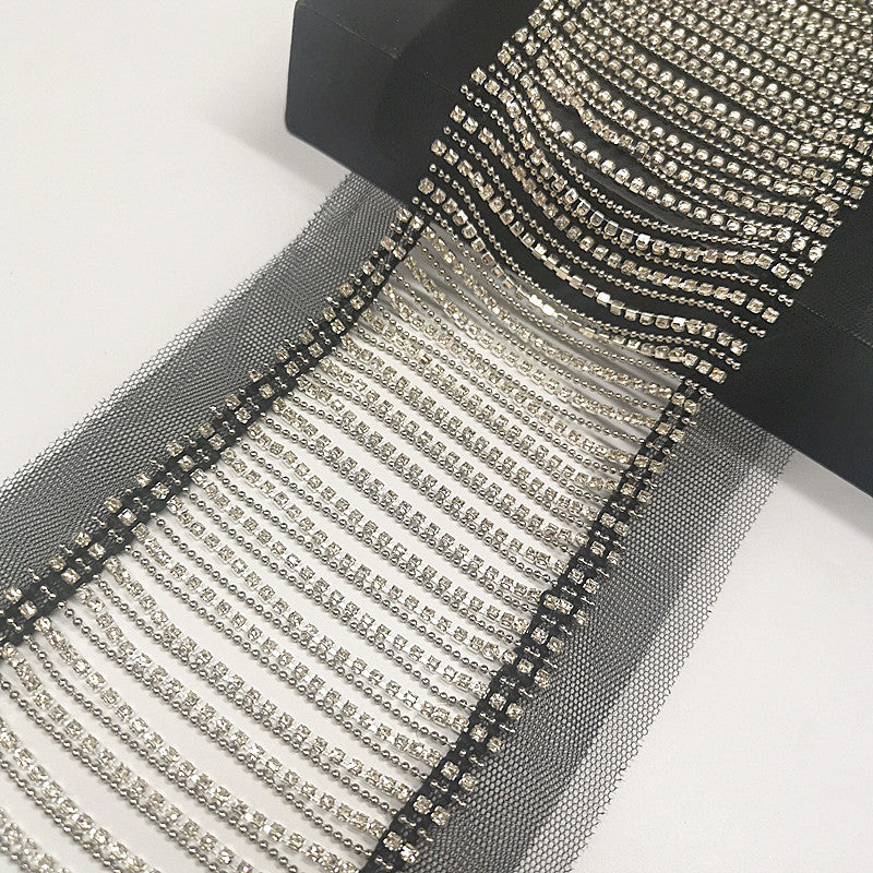 Rhinestone trim with both end stitched on the mesh