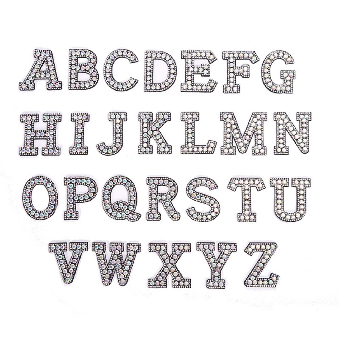 Alphabet Rhinestone Letters with and AB Rhinestone and Black background,  Iron On