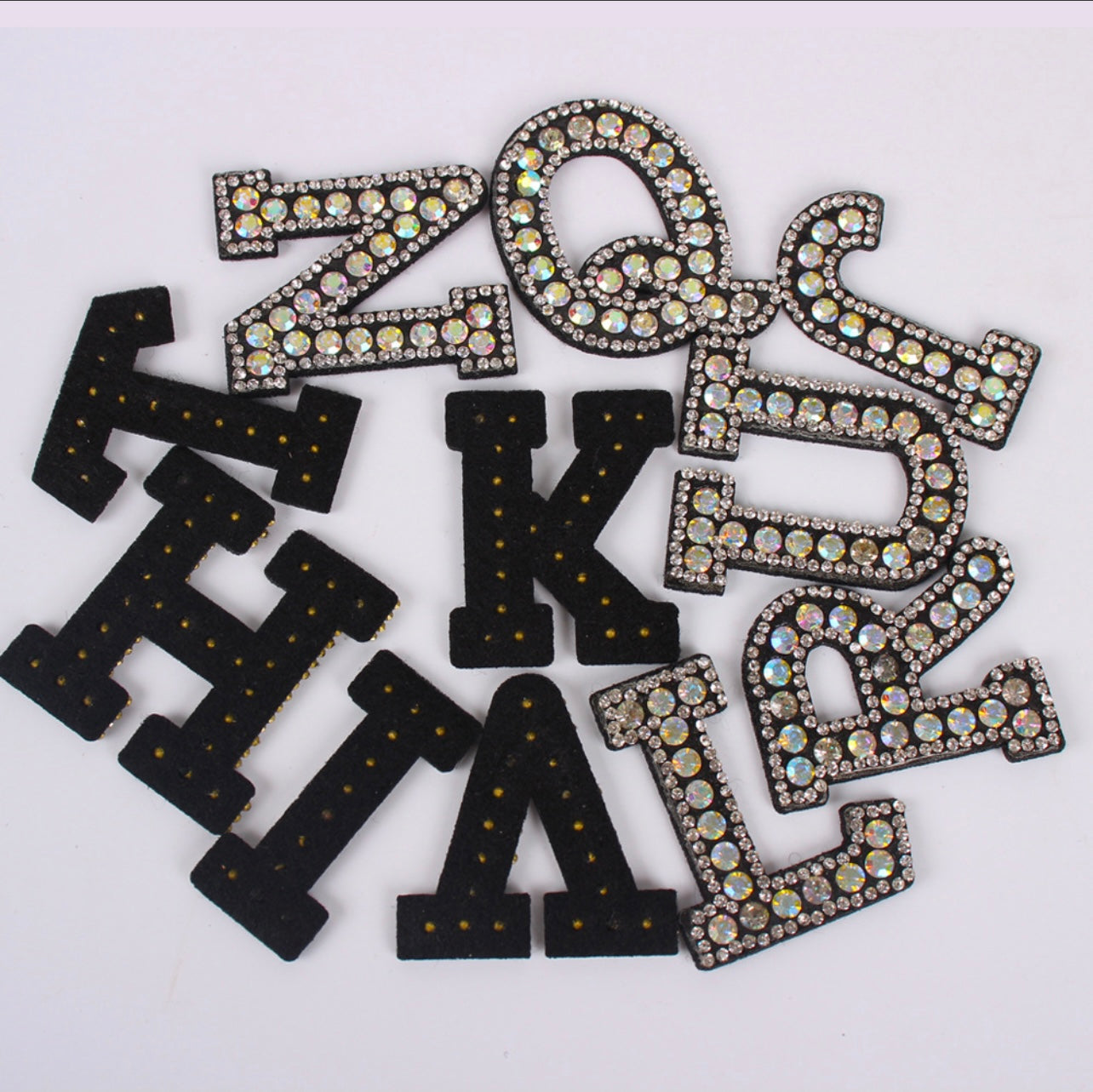 Alphabet Rhinestone Letters with and AB Rhinestone and Black background, Iron On