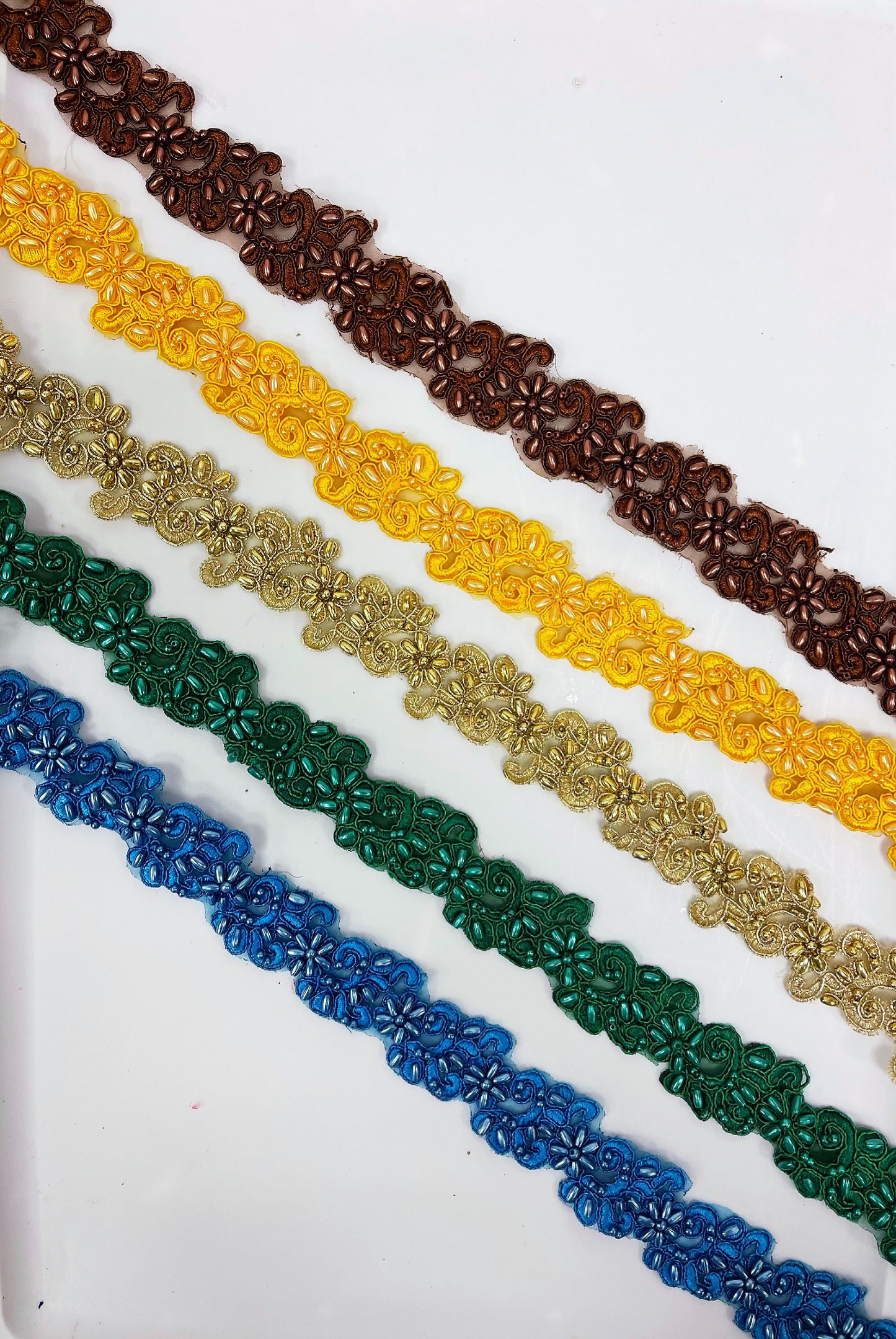 13 colors of Beaded embroidered Trim in by yards.