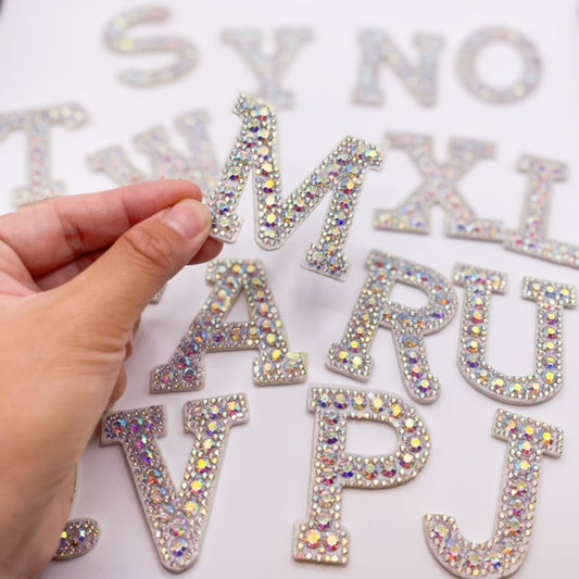 Iron on Alphabet Rhinestone Letters with and AB Rhinestone white background, Iron On