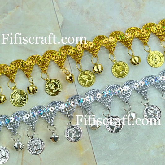 Dangling spartan coin and bell ring trim by yard