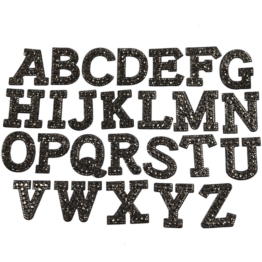 Black Rhinestone Alphabet Letters 5.5 cm tall, Rhinestone and Black background, Iron On