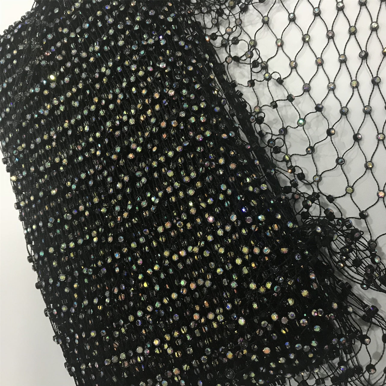 6-22 inches wide black Rhinestone Elastic Mesh, Stretchy Rhinestone Fishnet by yard