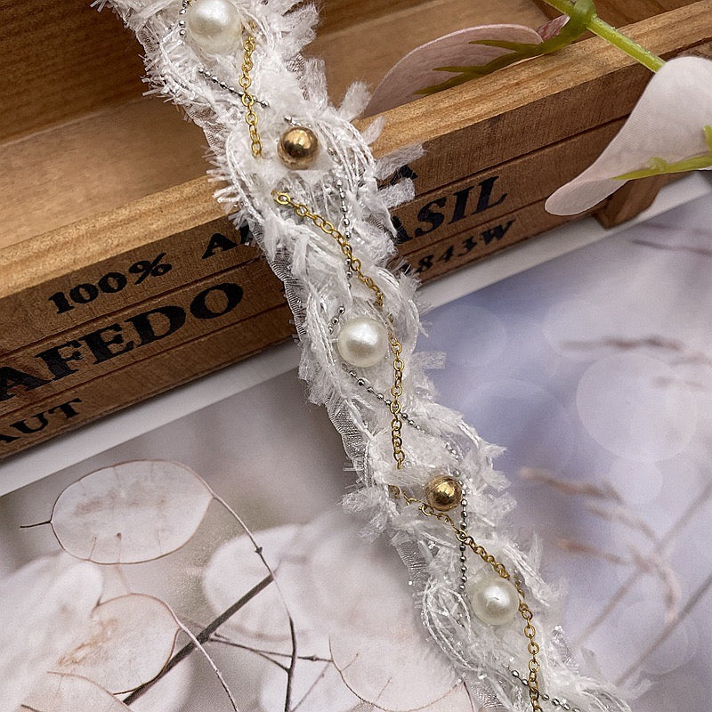 Faux Pearl beaded string on tweed Trim by yards, perfect for DIY, sewing and crafting project, immediate shipping from USA