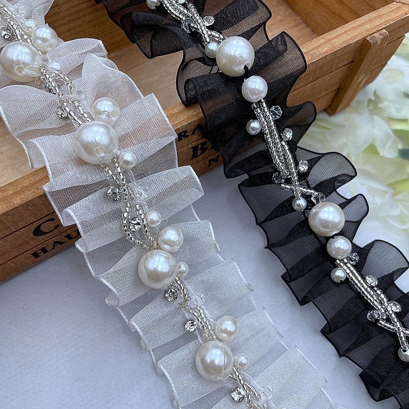 Pearl and beaded string on polyester organza Trim by yards, perfect for DIY, sewing and crafting project, immediate shipping from USA