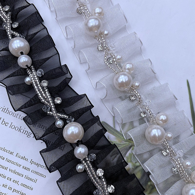 Pearl and beaded string on polyester organza Trim by yards, perfect for DIY, sewing and crafting project, immediate shipping from USA