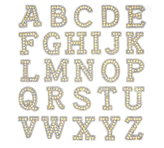 Iron on small Alphabet Rhinestone Letters with and AB Rhinestone white background, Iron On