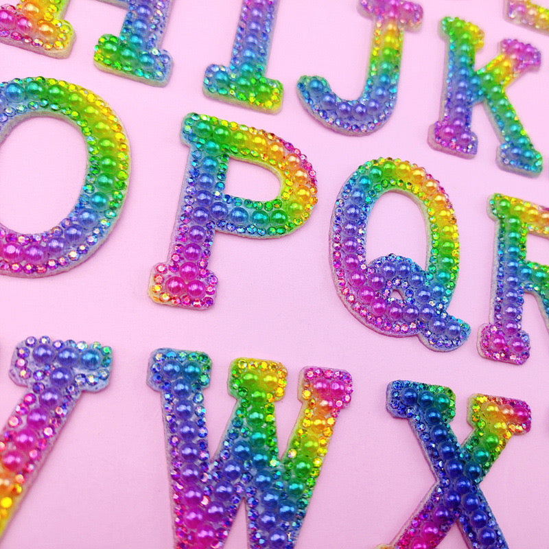 Rainbow Pearl Alphabet Rhinestone Letters with Iron On glue