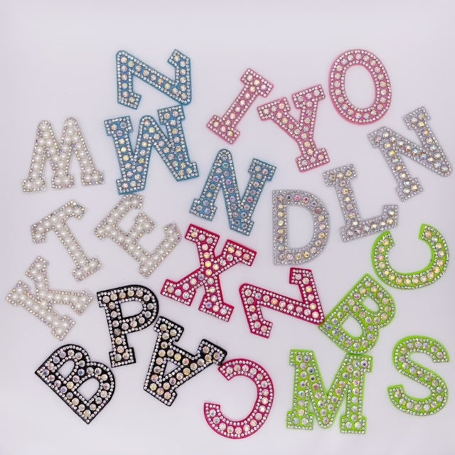 Non Iron on Non Adhesive Alphabet Rhinestone Letters with and AB Rhinestone with colored background, Iron On