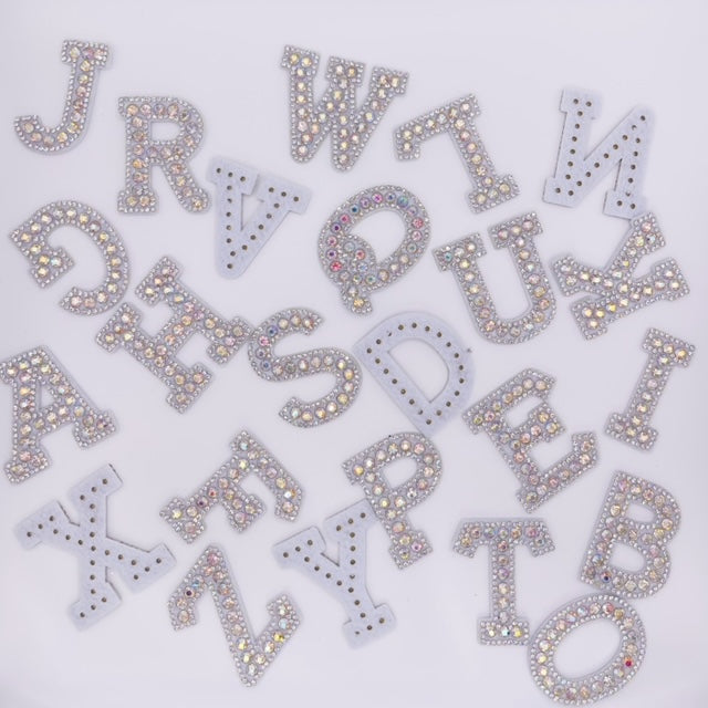 Non Iron on Non Adhesive Alphabet Rhinestone Letters with and AB Rhinestone with colored background, Iron On