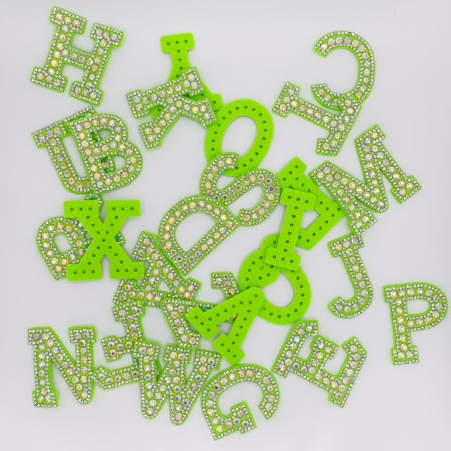 Non Iron on Non Adhesive Alphabet Rhinestone Letters with and AB Rhinestone with colored background, Iron On