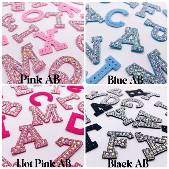 Non Iron on Non Adhesive Alphabet Rhinestone Letters with and AB Rhinestone with colored background, Iron On