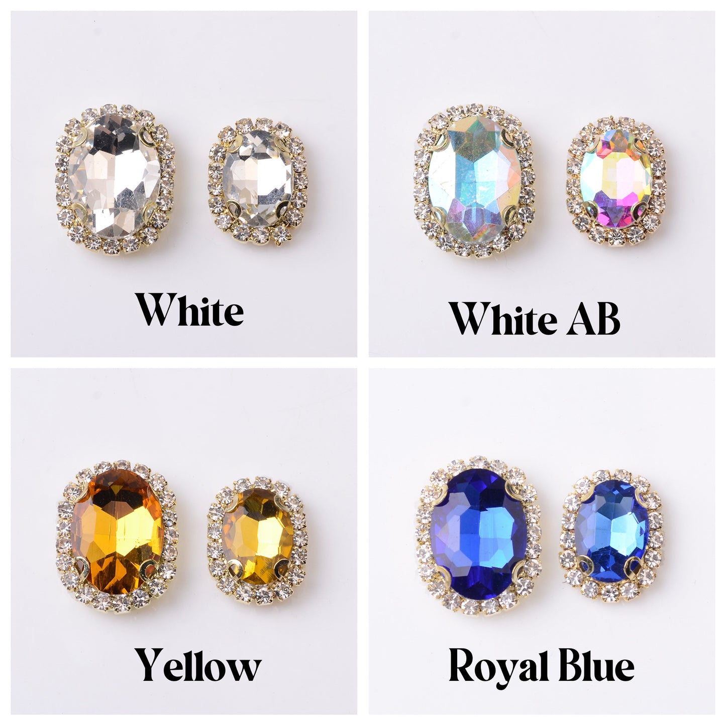 13X18 mm oval shape Rhinestone flatback with 1 layer of white Rhinestone trim and 4 claws, perfect for hand sew or glue on