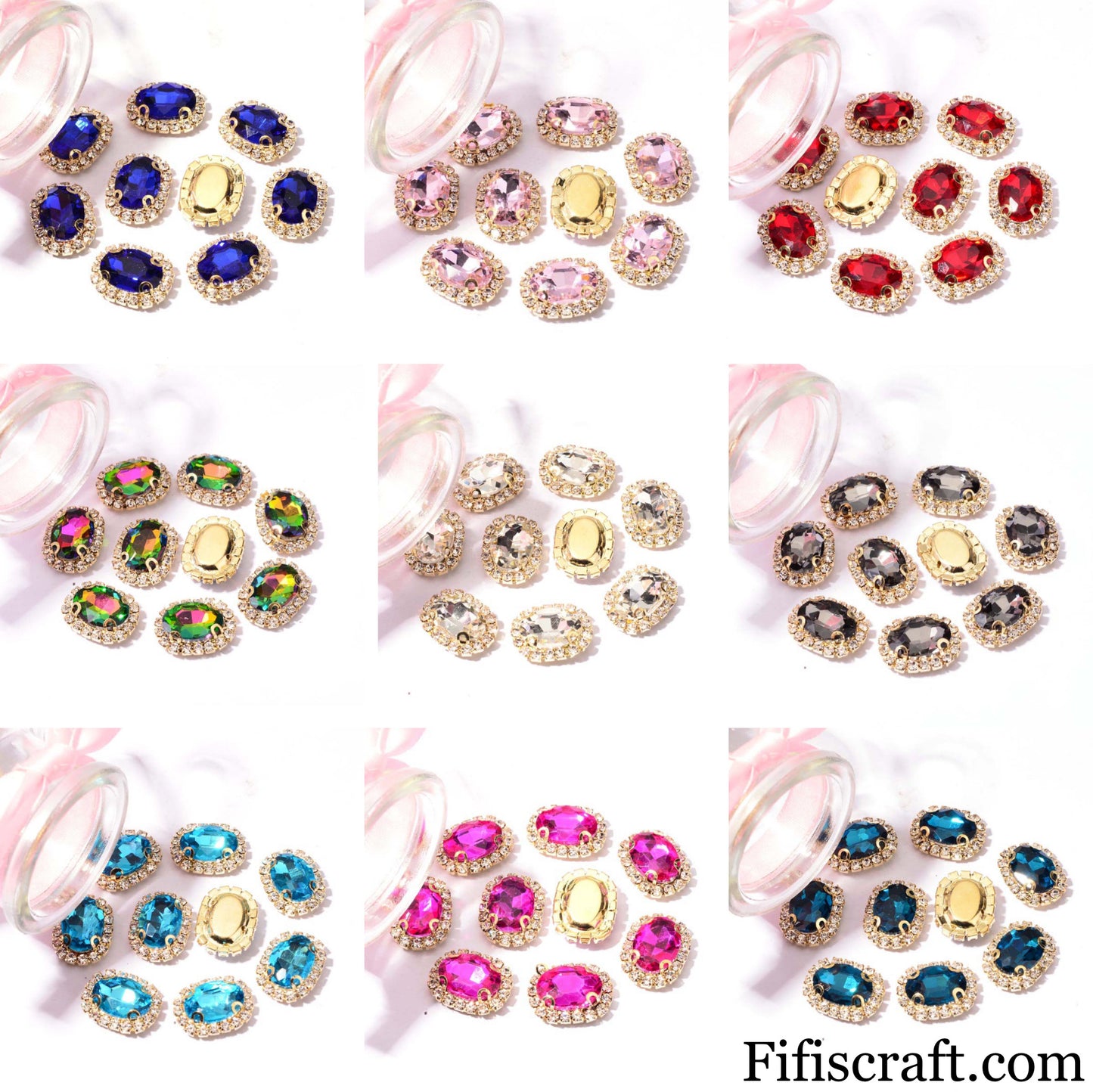 13X18 mm oval shape Rhinestone flatback with 1 layer of white Rhinestone trim and 4 claws, perfect for hand sew or glue on